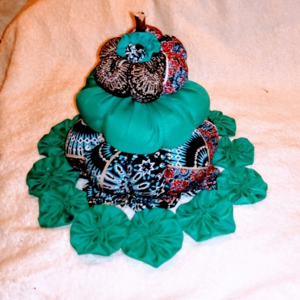 Beautiful pumpkin tier cute decor with doilie to match